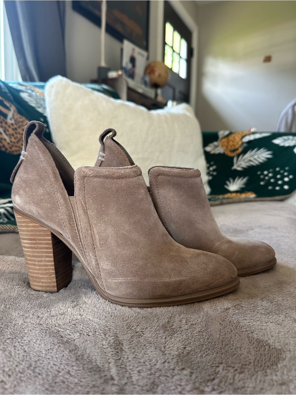 Vince Camuto Taupe Suede Cutout Block Heel Ankle Boots
